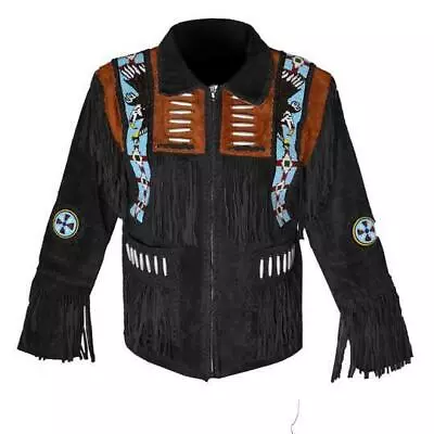 Men Native American Western Suede Cowboy Leather Jacket Fringe & Eagle Bead Work • $119.99