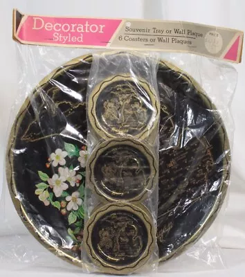 Vtg Michigan Tray Coasters Set NOS Sealed Metal Map Cities Souvenir Retro Black • $32.99