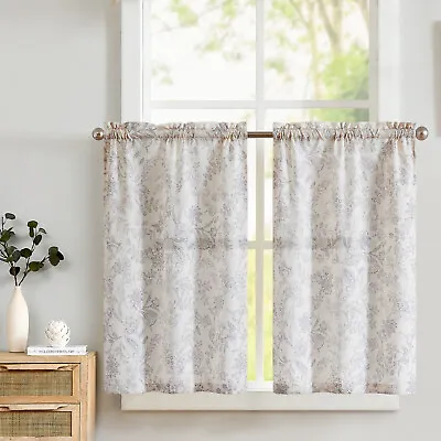 $19.54 • Buy Kitchen Tier Curtains Linen Farmhouse Floral Print Curtain 2 Panels Rod Pocket
