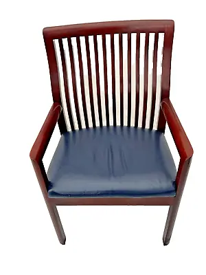 Vintage Curved Spindle Back  Arm Chair  Mahogany  Blue Leather Seat • $626.50