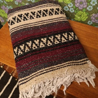 £18.99 • Buy Purple Beige Mexican Woven Stripy Falsa Yoga Beach/Picnic Blanket / Throw