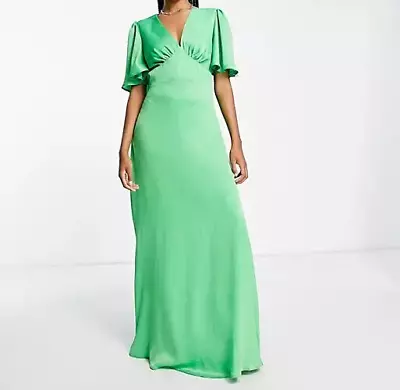 Flounce London Tall Satin Flutter Sleeve Maxi Dress (Prom) Green Size 10 New • £29.99