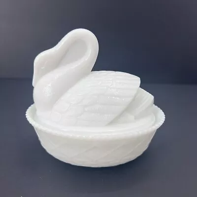Antique Westmoreland Milk Glass Closed Neck Swan On Basket Covered Dish 5.5 X 5  • $49.99