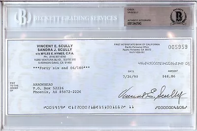 Vin Scully Signed Autographed Personal Check LA Dodgers #5959 1990 BGS Slabbed • $399.99