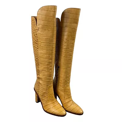 Vince Camuto Palley Over The Knee Leather Heeled Boots Cashew Croc Women's 5.5 • $26.24