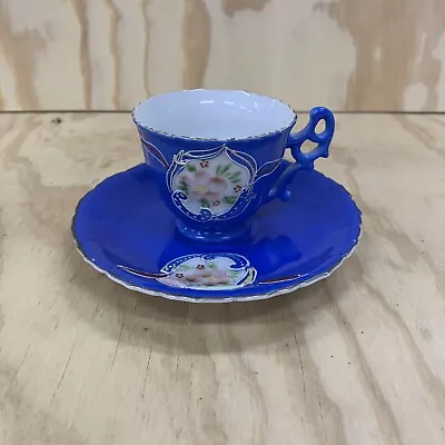 Porcelain Merit Floral Tea Cup & Saucer Set Made In Occupied Japan Vintage Blue • $9