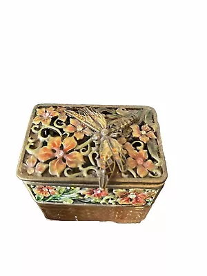 Vintage Dragonfly Jeweled Filigree Colorful Floral Trinket Box Magnetic Brass • $3.99