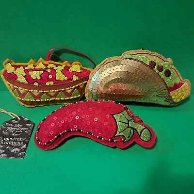 3 Fiesta Mexican Taco Christmas Ornaments Foodie Soft Sequins Beading Embroidery • $19