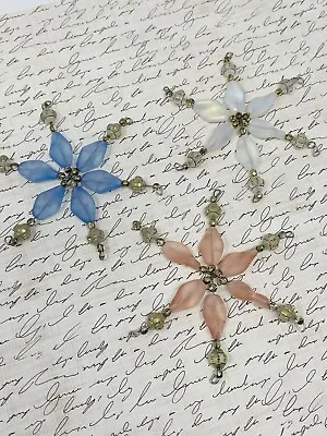 3 Vintage Glass Pastel Beaded Wire Snowflake Christmas Ornaments Pink Blue 3” • $11.99