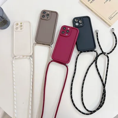 Case For IPhone 15 14 Pro Max 13 12 11 Neck Strap Shockproof Silicone Soft Cover • £4.42
