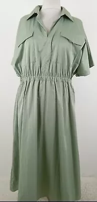 Marks & Spencer Shirt Dress Soft Green Long Short Sleeves Smocked Pocket NEW F2 • £14.99