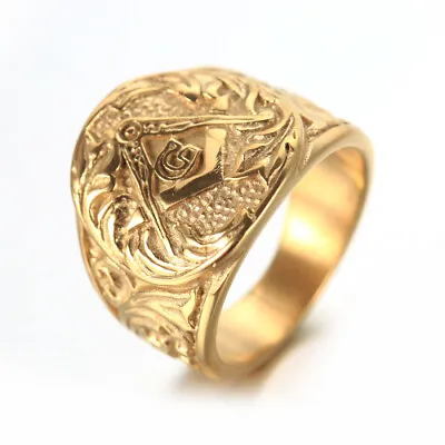 $8.99 • Buy Men Ring Free Mason Freemasonry Masonic 316L Stainless Steel Gold Tone Size 7-13