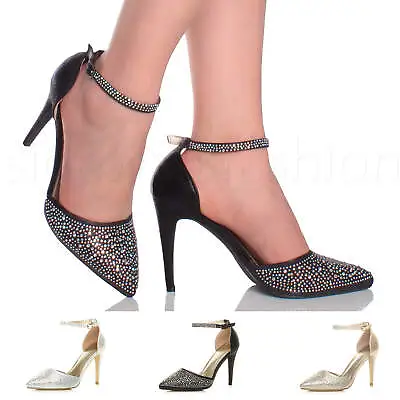 £14.99 • Buy Womens Ladies High Heel Diamante Party Evening Ankle Strap Pointy Shoes Size