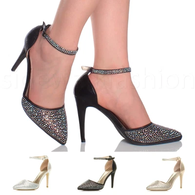 £14.99 • Buy Womens Ladies High Heel Diamante Party Evening Ankle Strap Pointy Shoes Size
