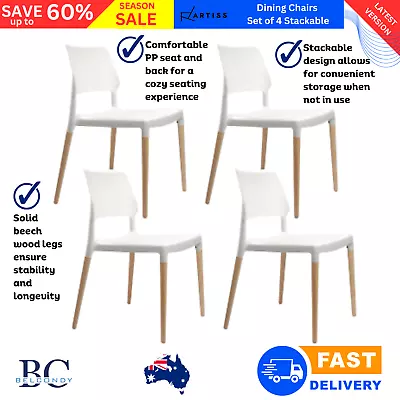 Artiss Set Of 4 Wooden Stackable Dining Chairs White Modern Kitchen Cafe Seat • $151.34