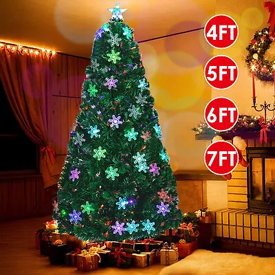4/5/6/7ft Pre-Lit Christmas Tree Fiber Optic Multicolor Lights Snowflake Decors • $95.99