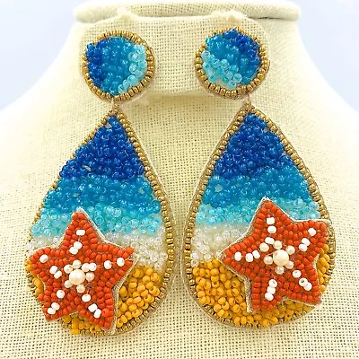 Teardrop Beach Themed Starfish Seed Bead Earrings - Beaded Viola (1.6x3in) • $7.50