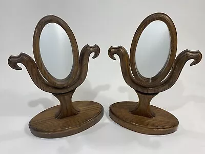 Set Of Vintage Tilting Oval Vanity Tabletop Mirror Dresser Top Oak Wood 17  Tall • $119.51