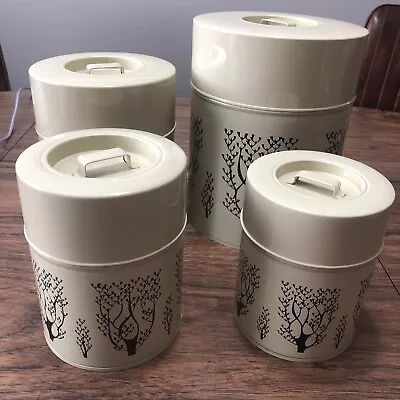 Vintage Tin Canister Set Of 4 Nesting Brown Tree Design Beige/Creme Color Retro • $23.62