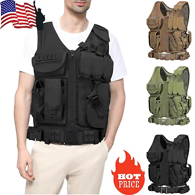 Military Tactical Vest Molle Adjustable Army Assault Combat Plate Carrier Black • $34.99