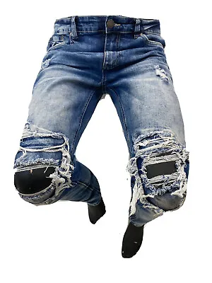 Mens Jean VICTORIOUS SKINNY LEG FIT BLUE DENIM RIPS POCKET BIKER ROCK DL1367 NWT • $45.47