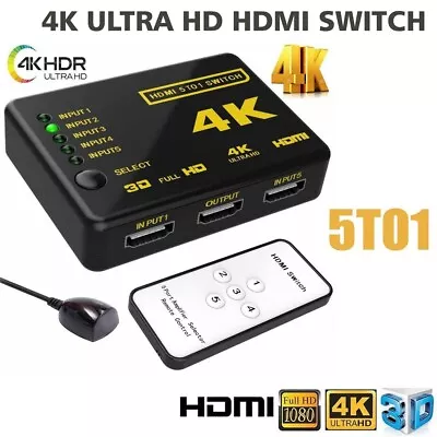 HDMI Switch 4K 5 Port Splitter HUB With IR Remote Auto HDMI Switcher 5 In 1 Out • £6.99