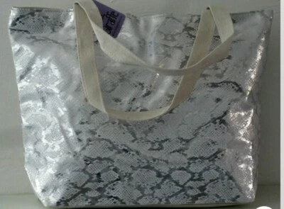 £9.49 • Buy BNWT Silver Snakeskin Cotton Handles Large Shopper Travel Bag Shoulder Light 🎀