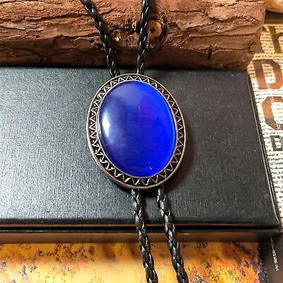 Big Blue Stone Mens Bolo Tie Wedding Necklace PU Leather Rope Western Cowboy • $16.99