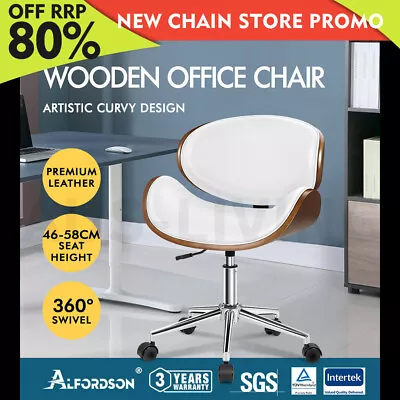 ALFORDSON Wooden Office Chair Computer Chairs Bentwood Seat Leather White • $154.79