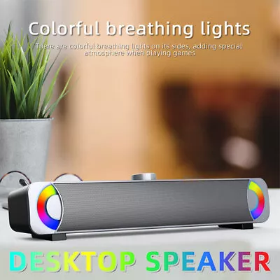 Wired Sound Bar Stereo Speakers TV Computer USB RGB Light For PC Desktop Tablets • £12.99