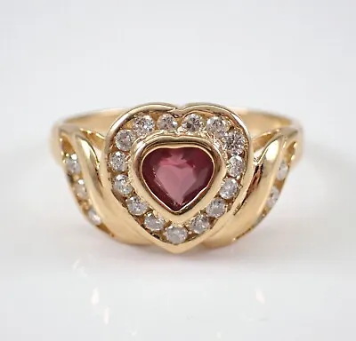 Vintage Garnet And Diamond Heart Halo Ring 14K Yellow Gold Estate Fine Jewelry • $699