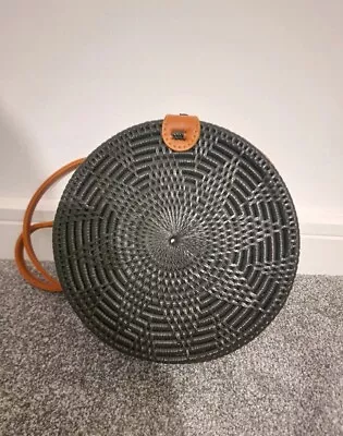 Rattan Woven Cross Body Circular Basket Bag Black & Tan Leather Strap Summer • £29.99