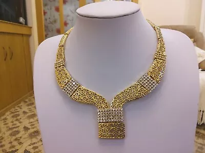 £12 • Buy Brand New Large Gold Plated Greek Key Collar Necklace With Tiny Clear Crystals