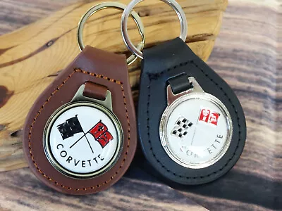 NEW RARE VINTAGE 1970s CHEVY CORVETTE RACE FLAGS Leather Key Chain Ring Fob NOS • $19.99