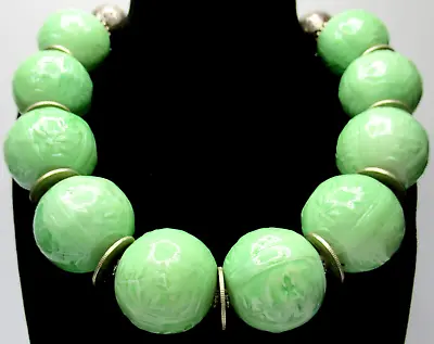 MASHA ARCHER Huge Green Celadon Beaded Floral Design Vintage Necklace • $499.99