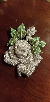 MASSIVE VINTAGE RHINESTONE SILVER TONE ROSE  BROOCH PIN 5.5” X 4.5”  • $94.99