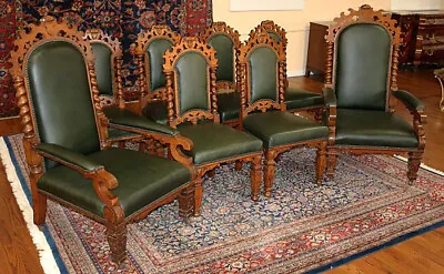 Set Of 8 19th Century Victorian Barley Twist Oak & Green Leather Dining Chairs • $2800