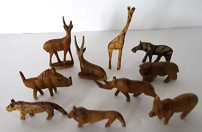 Wooden Rhino Zebra Giraffe Tiger Figurines Miniature Hand Carved Wood VTG Lot 10 • $14.99