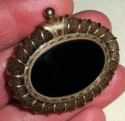 ANTIQUE VICTORIAN 1800S 14K GOLD WOVEN HAIR ONYX MOURNING PIN BROOCH Tuvi • $550