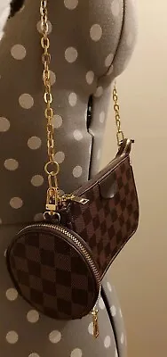 Small Plaid Brown Bag With Purse With Gold Coloured Chain BNWOT • £7.99