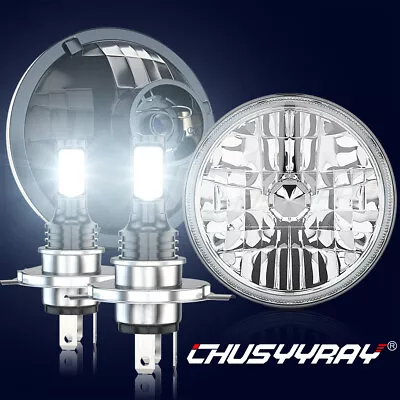 1 Pair 7  Round H6024/h6017 H4 Conversion Headlight + H4 Led White Bulbs Hl7lf • $119.99