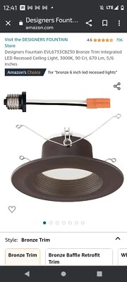 £7.92 • Buy EnviroLite 5 In./6 In. 3000K Soft White LED Recessed CEC-T20 Baffle Trim Bronze