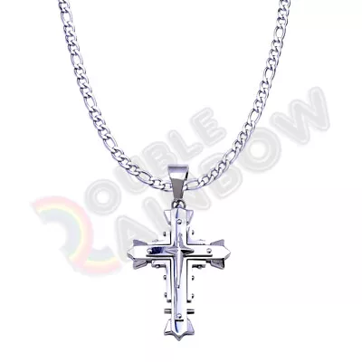 Men Stainless Steel Cross Figaro Necklace Gold Silver Black 5mm-12mm Chain#P03 • $15.48