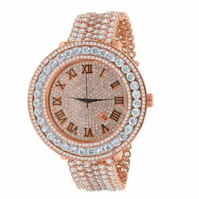 Men's Pink Rose Gold Tone White Cz's XXL Bezel New W/ Date Wrist Custom Watch • £192.75