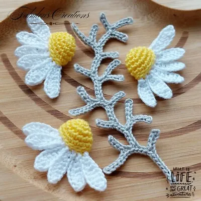 £4.85 • Buy 4 Mixed White Crochet Daisy Chamomile Flowers & Leaf Applique Craft Sewing Decor