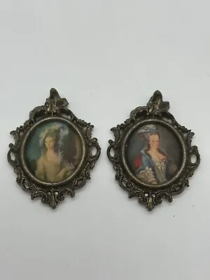 Mini Victorian Queen Marie Antoinette Metal Frame Silk Portrait Lot (2) • $67.50