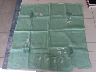 $22.90 • Buy Vintage Applique Linen Tablecloth & 4 Napkins Set Mint Green Tea Card Luncheon
