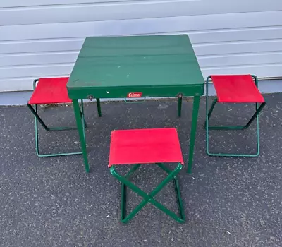 Vintage Green Metal Coleman Folding Camping Table And 3 Red Stools • $229.95