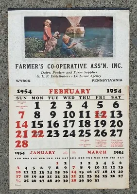 Vintage 1954 Advertising Calendar Farmer's Co-op Association Wysox PA Dairy Sign • $49.95