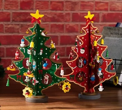 Desktop Wooden Christmas Tree Décor Christmas Toy Set With 24 Mini Ornaments • $16.94